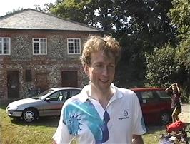 Michael taking revenge at our parking place in Pye's Lane, Castle Acre